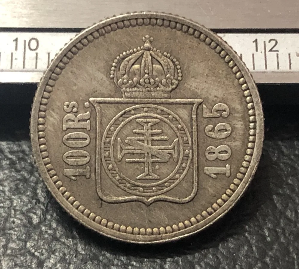 1865 Бразилия 100 Reis Посеребренная копия шаблон монета