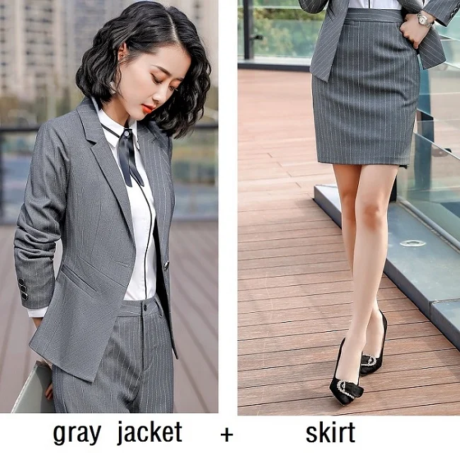 gray Jacket skirt ACRMRAC, женские костюмы, тонкая полосатая куртка, штаны, OL, деловые, формальные, женские брюки, костюмы, женский комплект, костюмы - Цвет: gray Jacket skirt