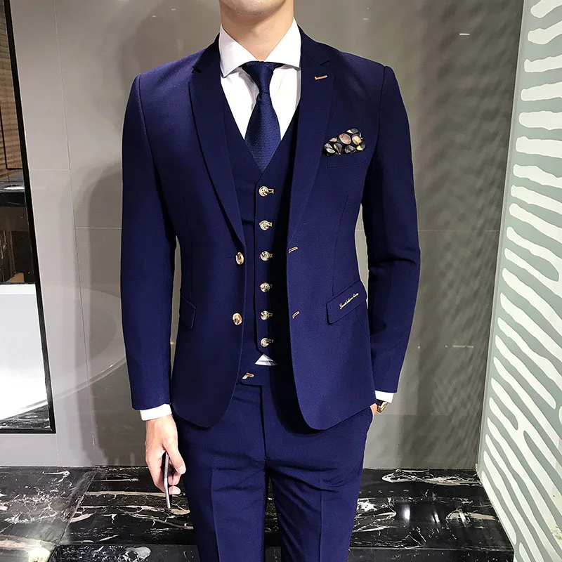 

Traje De Boda Hombre Slim British Style Embroidered Suit 3-piece Suit Male Bule Casual Wedding Groomsmen Dress