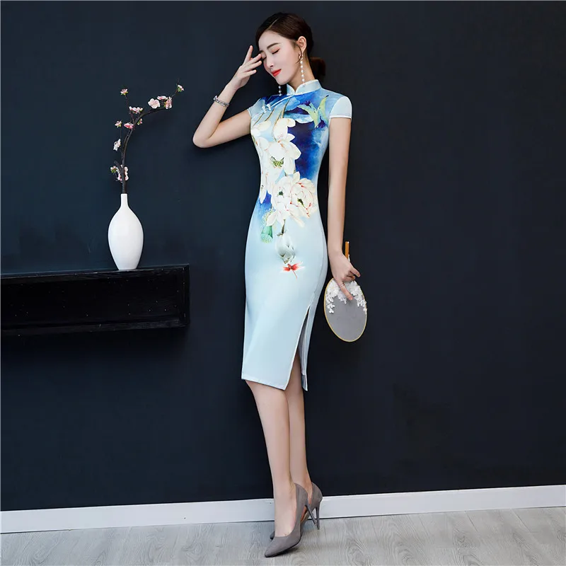 Spring Summer Fashion Flower Cheongsam Long Dresses Blue Elegant Slim Qi Pao Women Chinese Traditional Dress Plus Size Qipao |