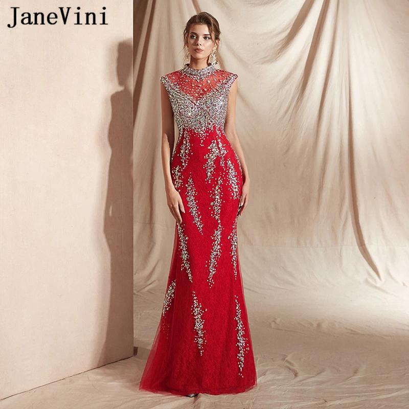 

JaneVini Elegant Red Mermaid Long Prom Dresses 2019 Luxury Heavy Beading Formal Evening Dress High Neck Lace Women Party Gowns