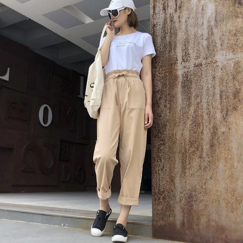 

Loose Breathable Cotton Linen Pants Women Soft Harem Pants Slim Length Pants Hallen Pants High Waist Leisure Pants
