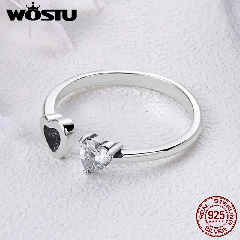 WOSTU из натуральной 925 пробы, серебряные одинаковые кольца в форме сердца с прозрачным кубическим цирконием, открытые Регулируемые кольца для женщин, подарок CQR073