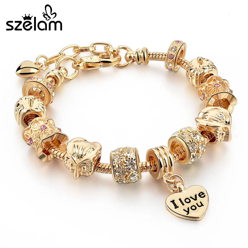 

Szelam New Famous Brand Jewelry Women Charm Bracelets 2019 I love You Heart Bracelet Gold Bangles Pulseras Mujer Sbr160067