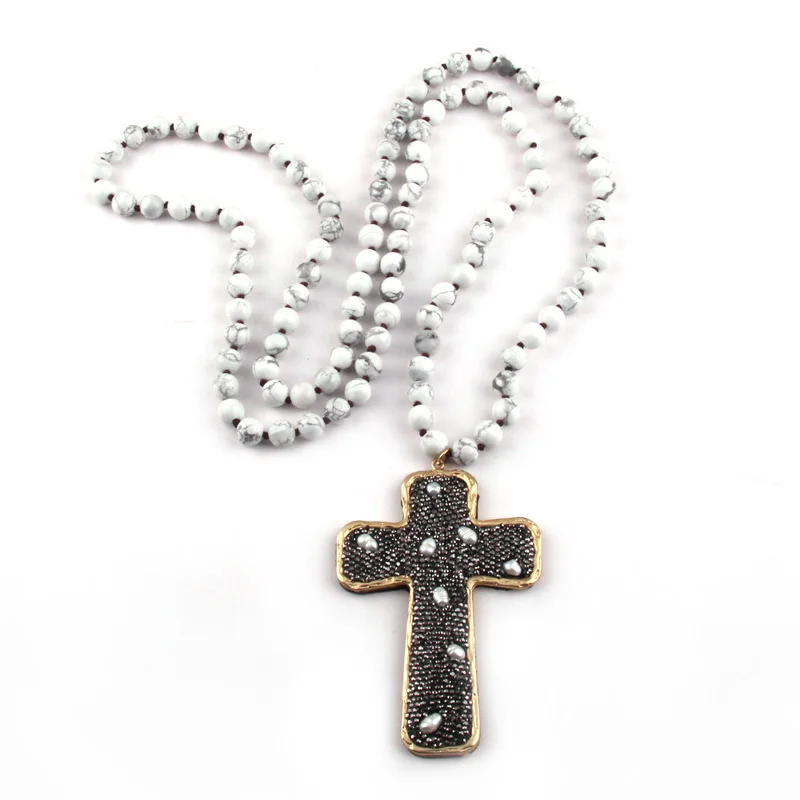 

Fashion Bohemian Jewelry 108pc Mala Stone Knotted Big Crystal Pave Cross Pendant Yoga Necklace