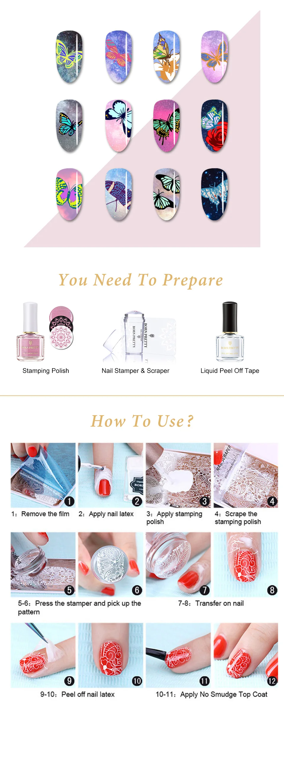 BORN PRETTY 1 шт. напечатанный DIY маникюр шаблон цветок бабочка дизайн прямоугольник пластины для штамповки ногтей 3 узора