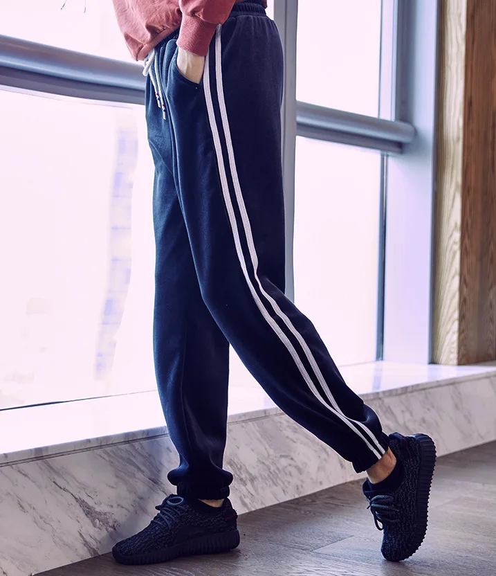 Модные Повседневные спортивные штаны женские свободные в полоску с эластичной