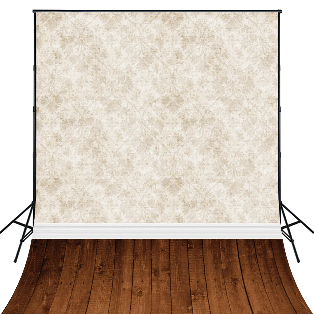 

4X6ft Art Fabric Photography Newborn Vintage Brown Damask and wood floor Backdrop D068