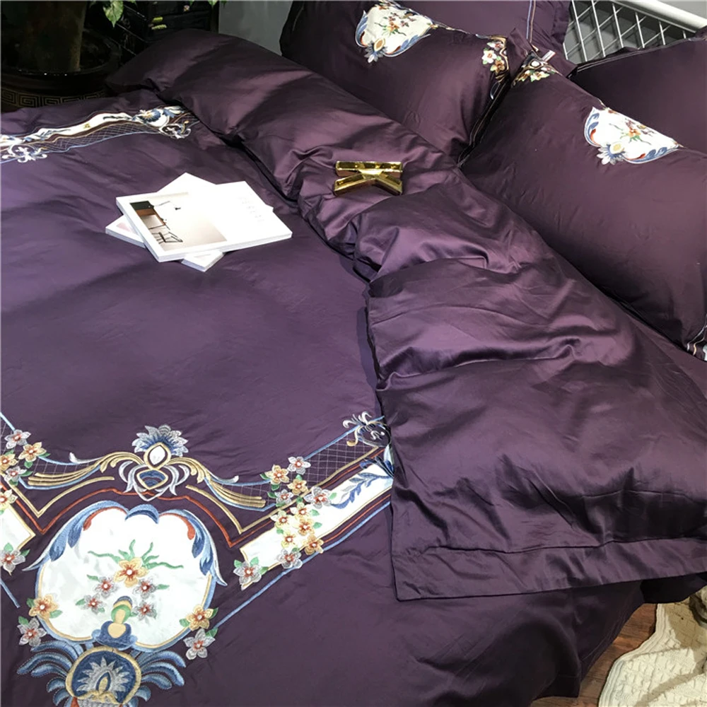 New purple Chinese Wedding Embroidery Luxury Egyptian Cotton Bedding set 4Pcs Queen King size Duvet cover Bed sheet Gifts | Дом и сад