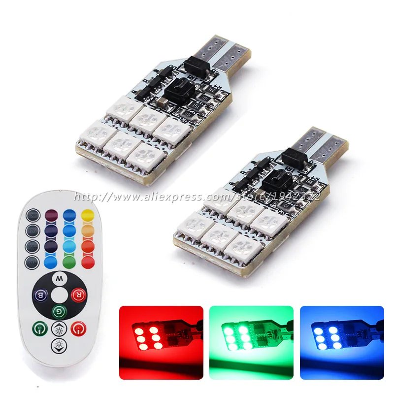 

2PCS T10 5050 12SMD RGB LED Remote Control White Blue Green Red Auto Clearance Lights Width Lamp Car Accessories