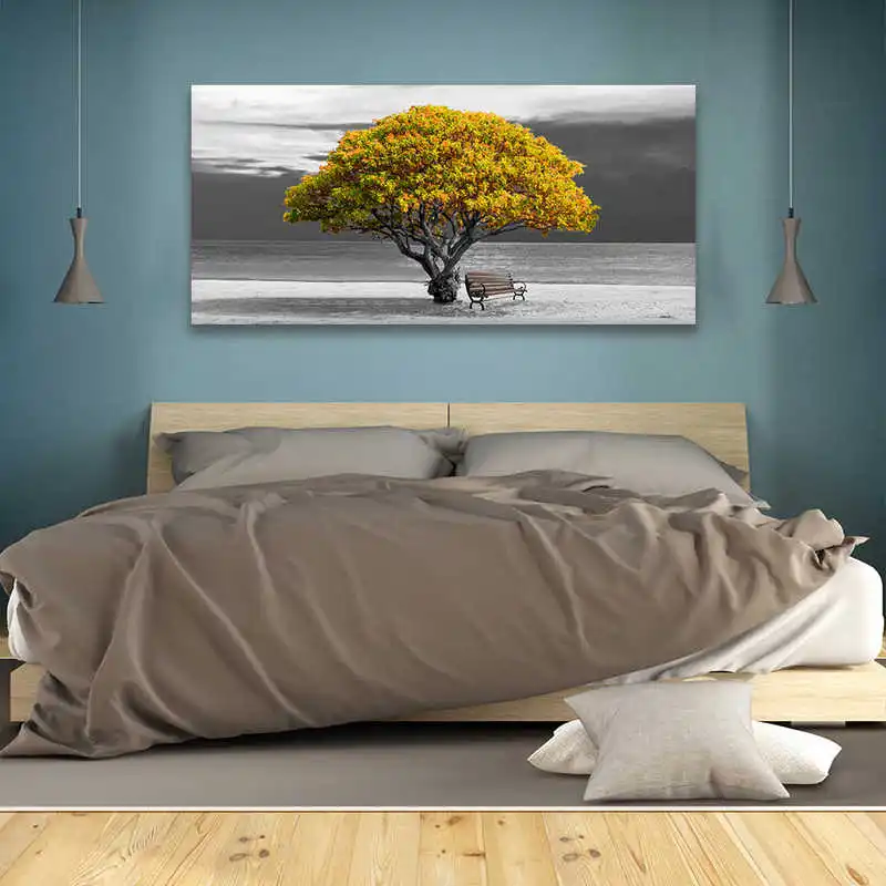 Печать на холсте настенная живопись желтое красное синее дерево в черно белом
