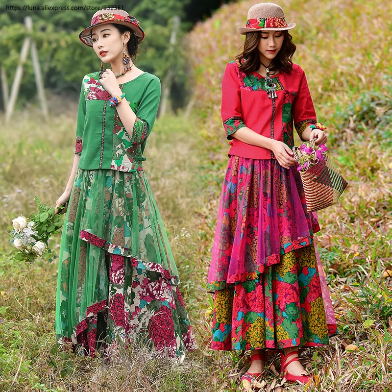 Винтажные этнические топы и юбки с женский комплект 2 шт. принтом асимметричная