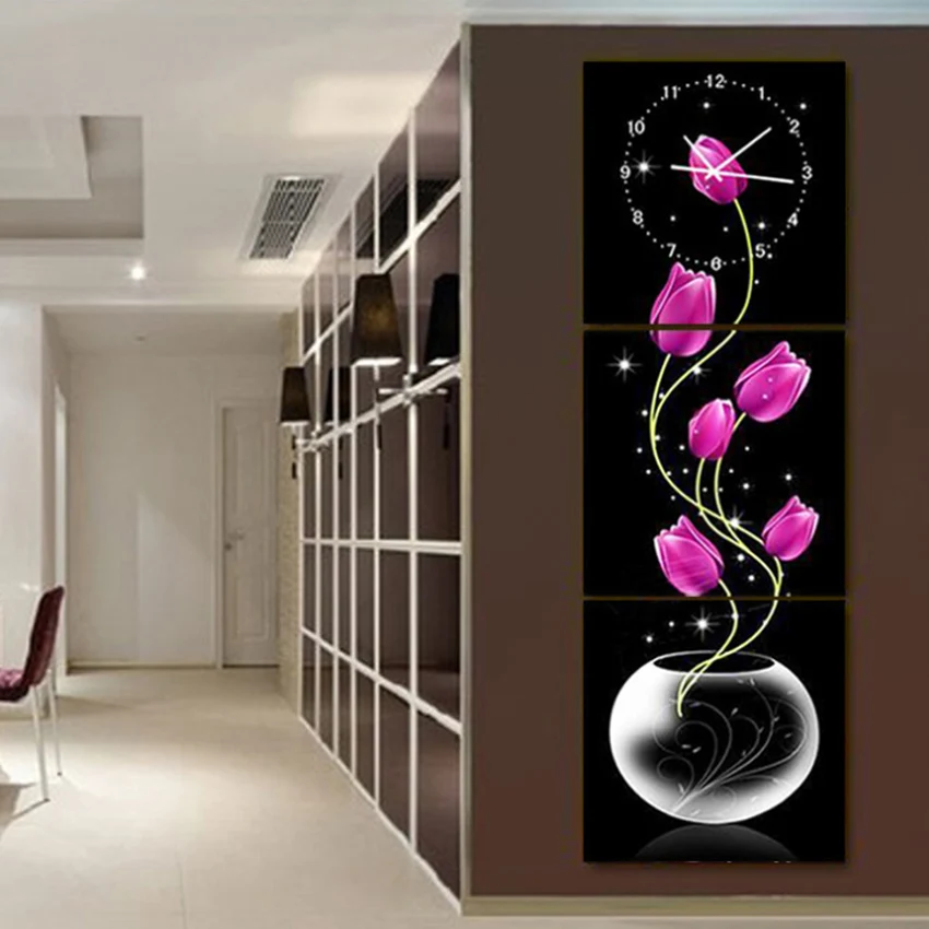 Самостоятельные настенные часы Триптих Алмазная вышивка Полный круг 5D Живопись Стразы Цветочные наклейки.