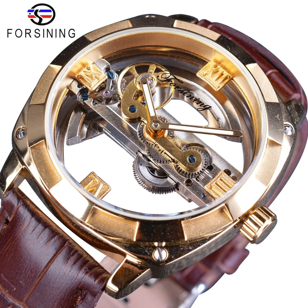 Мужские часы Forsining автоматические прозрачные с золотым ободком и кожаным