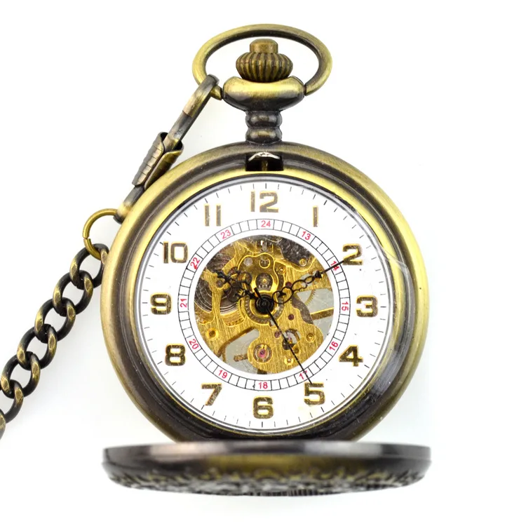 Brown Antique Gear Skeleton Mechanical Hand Wind Pocket Fob Watches Clamshell Men's Watch Pendant Necklace Retro Souvenir Gift | Наручные