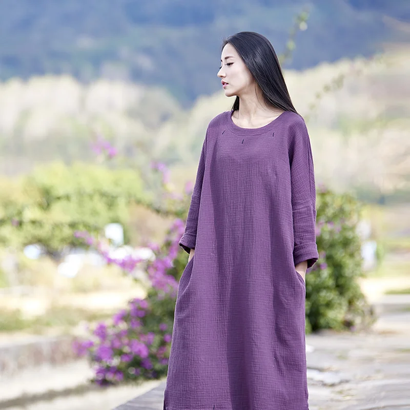 Женские винтажные двухслойные платья из хлопка и льна с длинным рукавом 4 цвета