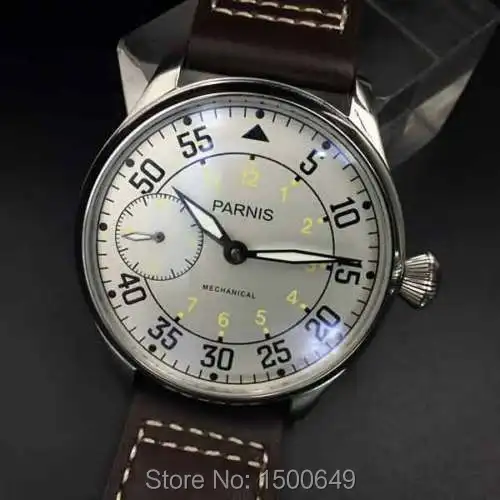 Parnis 44 мм коричневый ремешок 6497 с ручным заводом белый/черный циферблат желтый