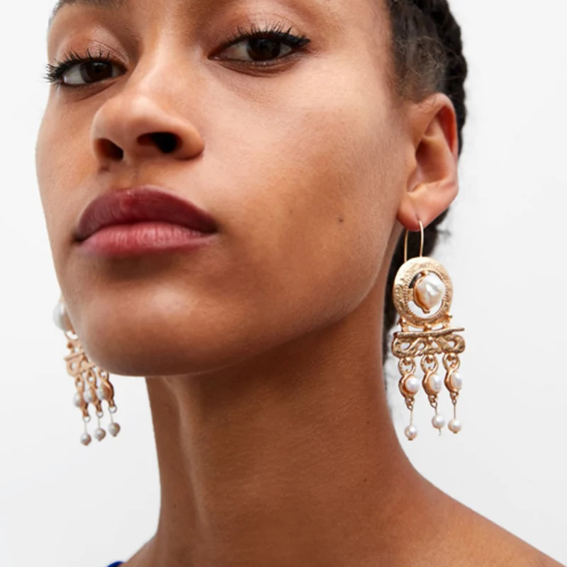 Solememo Gold Color ZA Drop Dangle Earrings Women Simulated Pearl Tassel Long Vintage Elegant Jewelry Wholesale E5330 | Украшения и