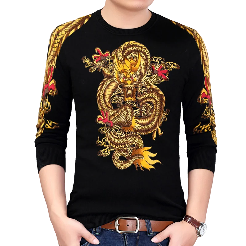 3XL Для мужчин s черный пуловер с длинными рукавами Осень китайский Стиль свитер