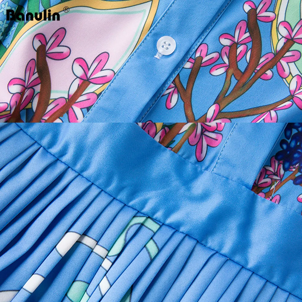Banulin, подиум, дизайнерское осеннее платье, женское, короткий рукав, повседневное, праздничное, синее, цветочный принт, тонкое, плиссированное, элегантное платье
