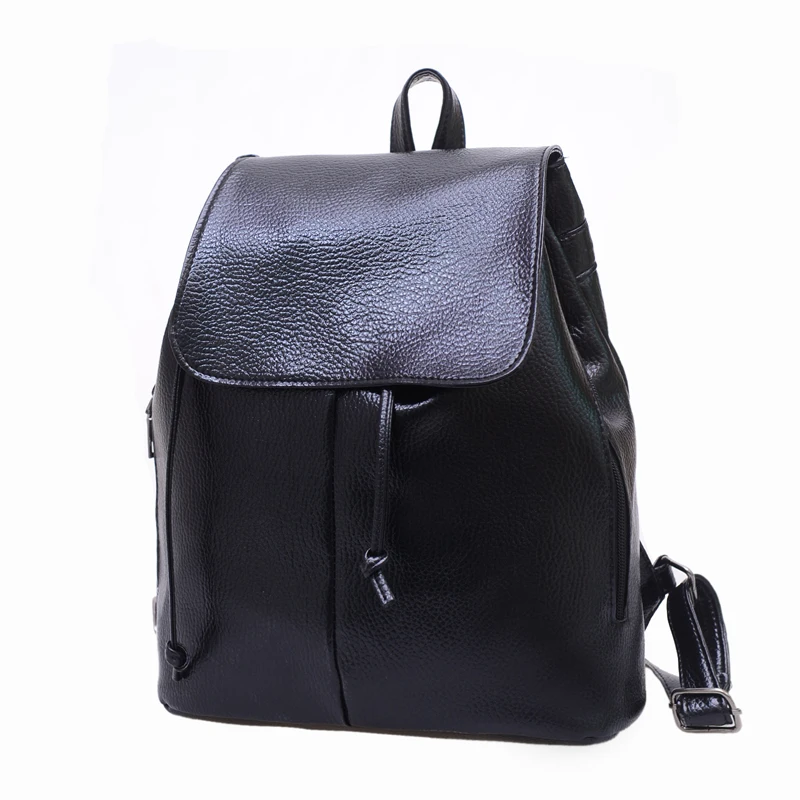 Женский кожаный рюкзак черный школьный с цветочным принтом и шнуровкой для