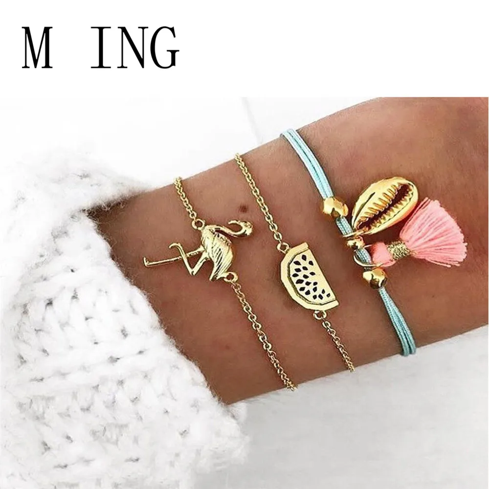 MLING 3 шт./компл. Винтажный Золотой фламинго арбузный корпус браслет с кисточками