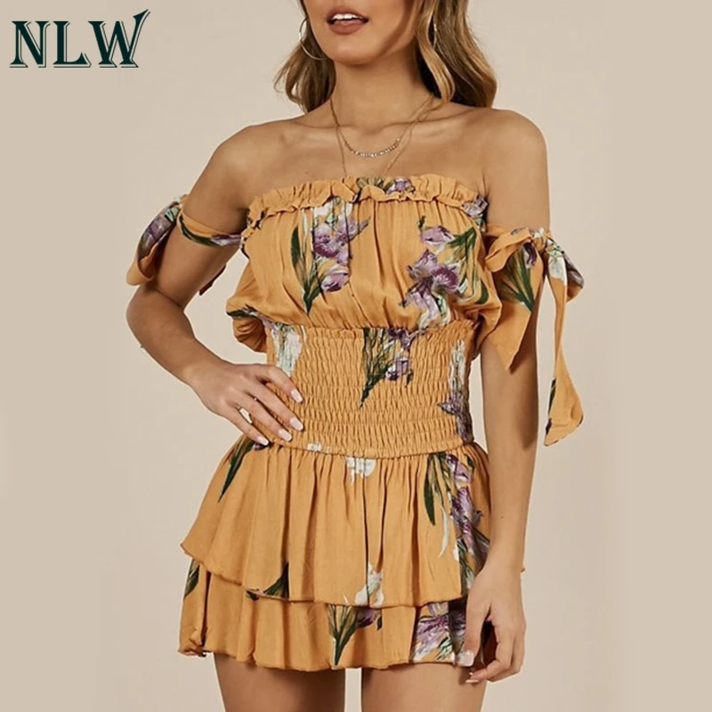 NLW Сексуальная с плеча Boho комбинезон принтом Для женщин 2019 новый летний на