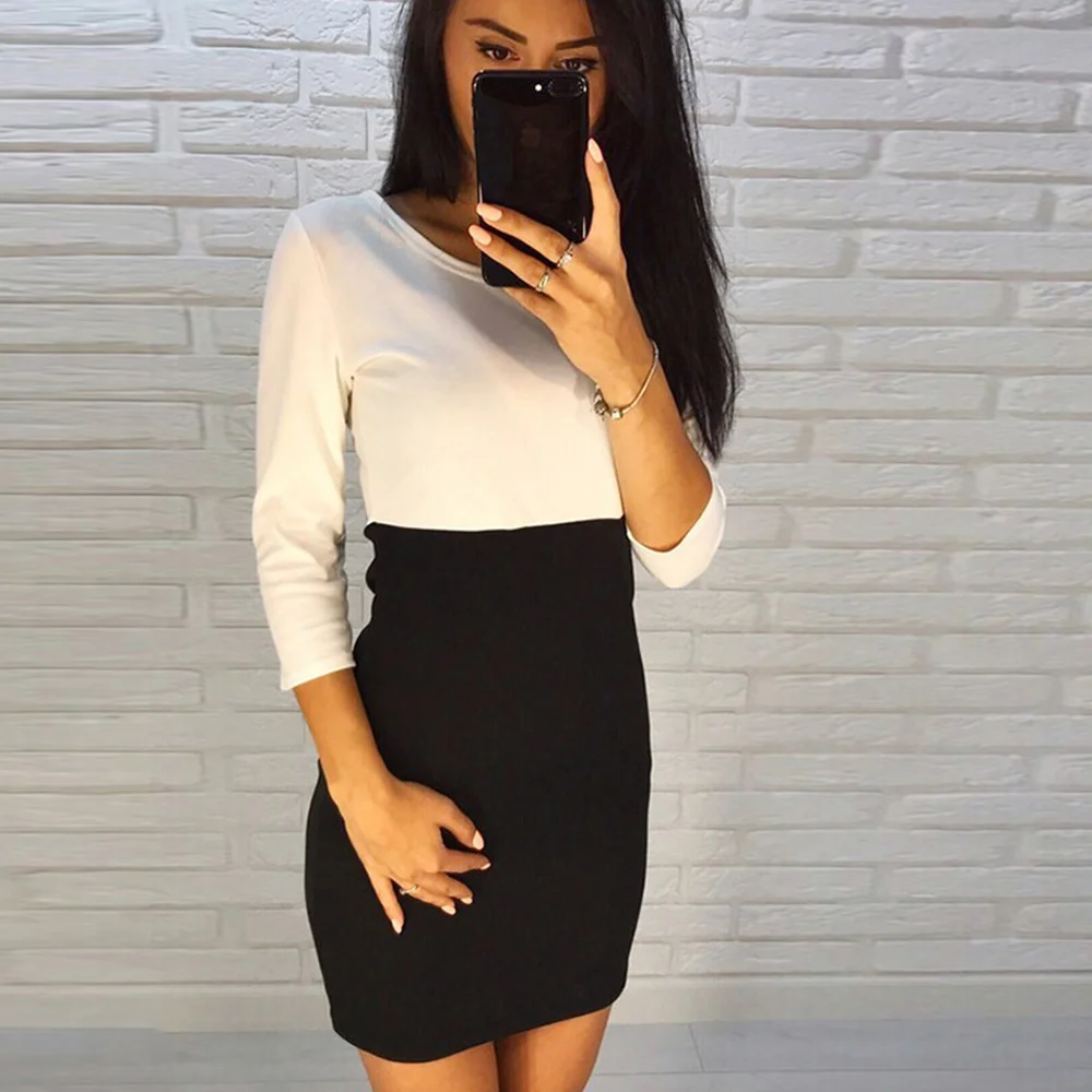 Spring Autumn O-Neck Three Quarter Mini Dress Women Patchwork Color Casual Elegant Slim Office Soft Pencil Work Dresses |