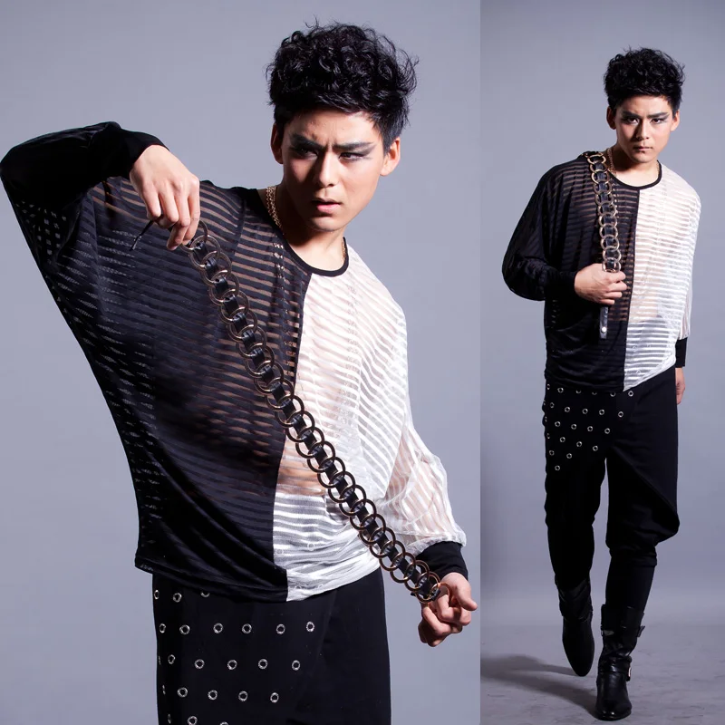 Мужской костюм метросексуал с длинными рукавами черно белая летняя футболка в