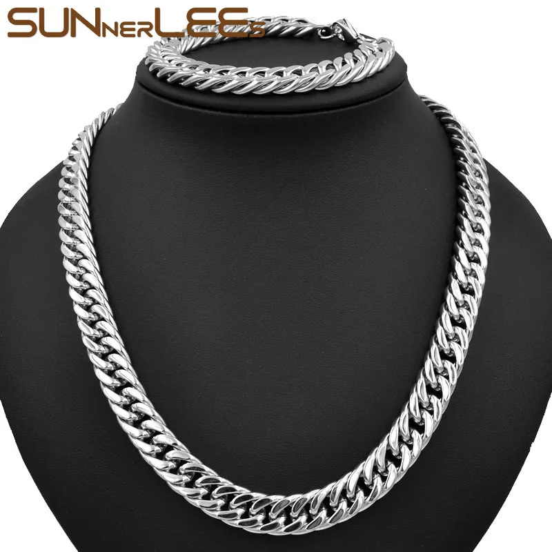 SUNNERLEES Fashion Jewelry Stainless Steel Necklace Bracelet Set 11mm Double Curb Cuban Link Chain For Mens Womens SC19 S | Украшения и