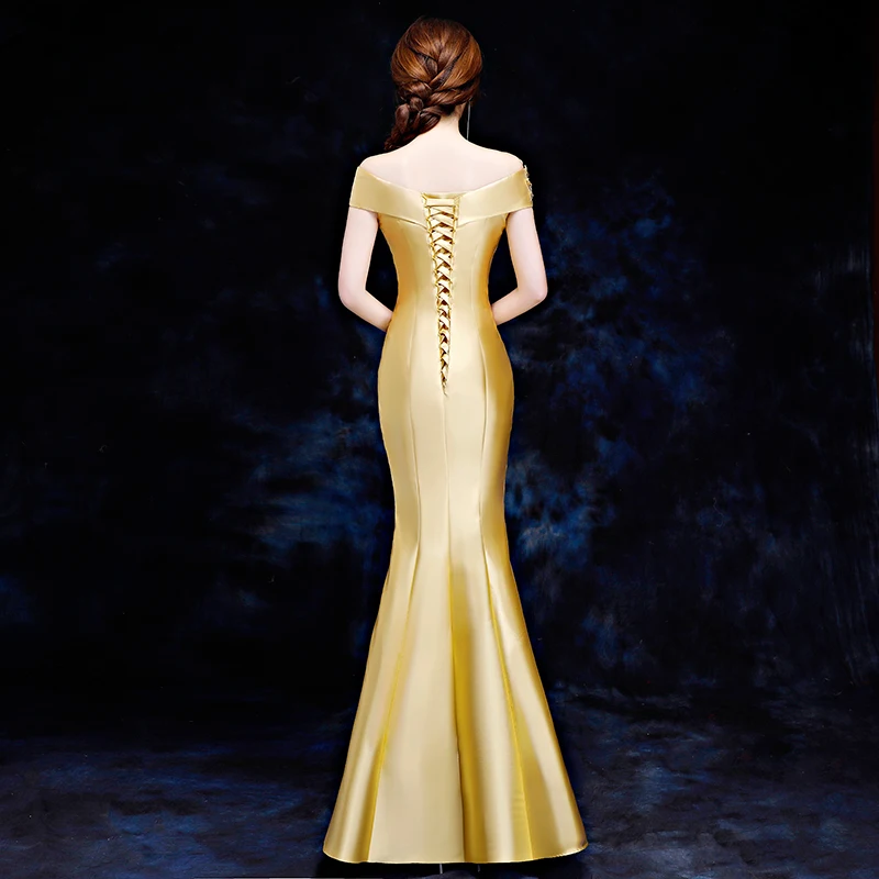 

Elegant Women Mermaid Slim Qipao Sexy Off Shoulder Cheongsam Full Length Vestidos Female Evening Party Chinese Dress Size S-XXL