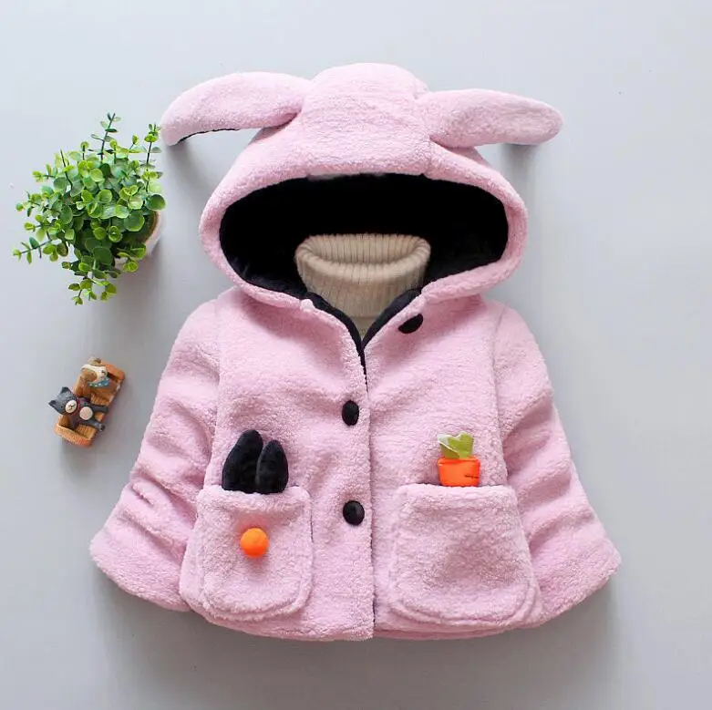 pink Детское зимнее флисовое пальто; детская одежда; Шерсть ягненка для маленьких девочек; теплая куртка с капюшоном; куртка с кроличьими ушками - Цвет: pink