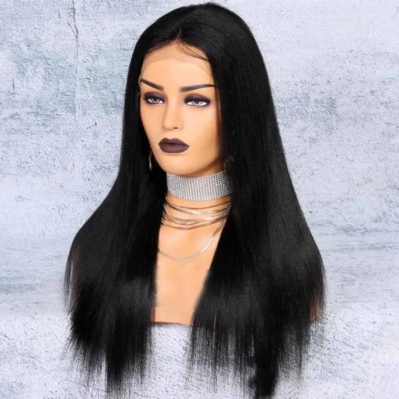 

Glueless Full Lace Wigs Yaki Human Hair Wig With Baby Hair 150 Density Coarse Yaki Straight Wig Brazilian Pre Plucked Remy