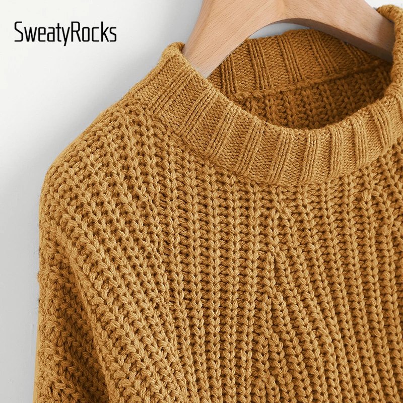 SweatyRocks имбирь вентилируемый край массивный вязаный короткий джемпер с длинным рукавом пуловер Сплит Топы осенние женские Повседневные свитера