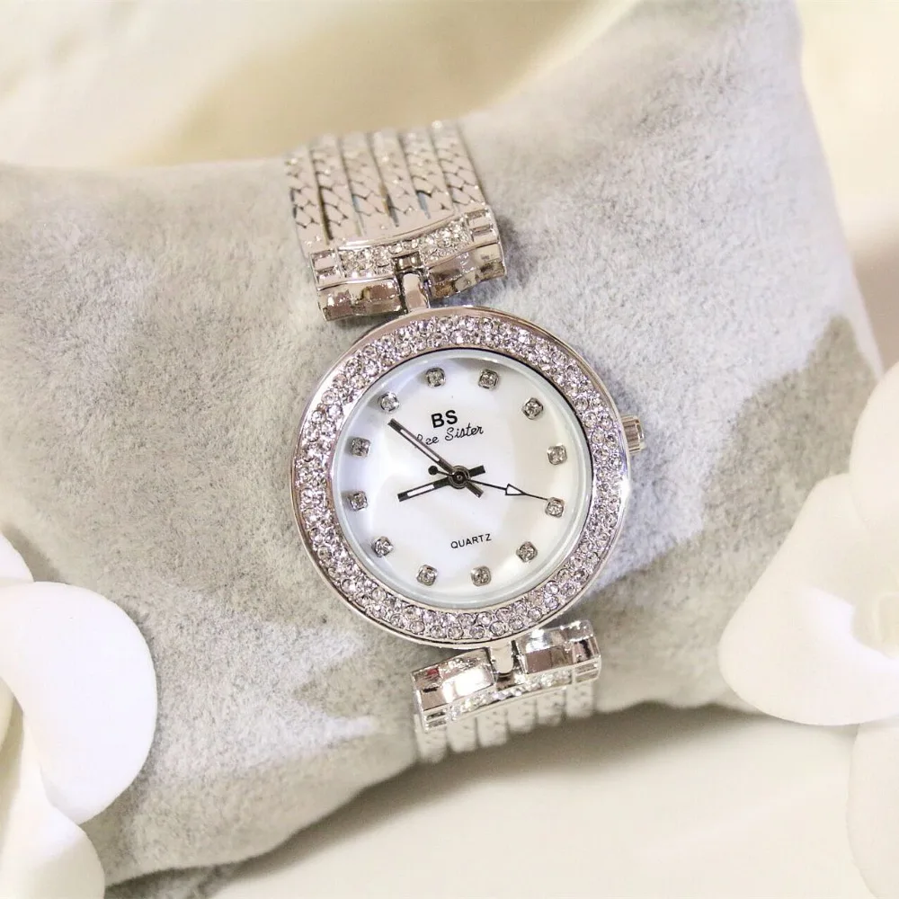 Часы наручные BS женские со стразами модные роскошные золотистые с браслетом |