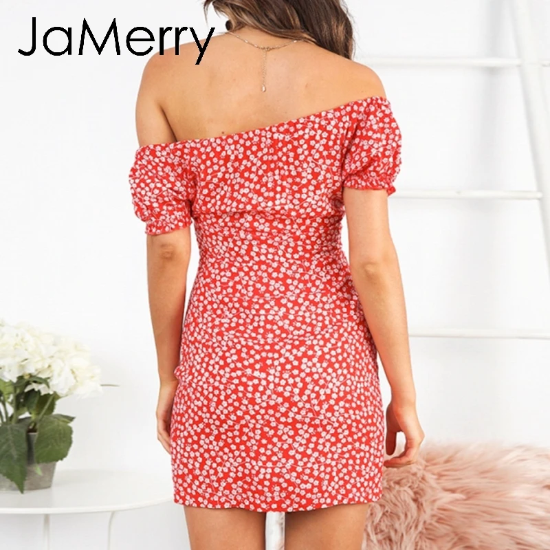 Женское винтажное мини платье JaMerry красное с открытыми плечами и цветочным