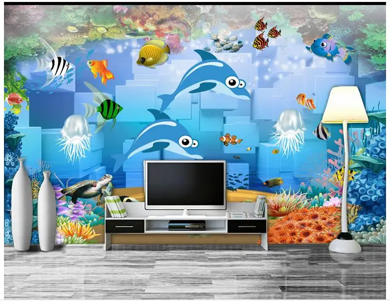 Пользовательские 3d обои фрески 3D Мультяшные дельфин фэнтези подводная лодка мир