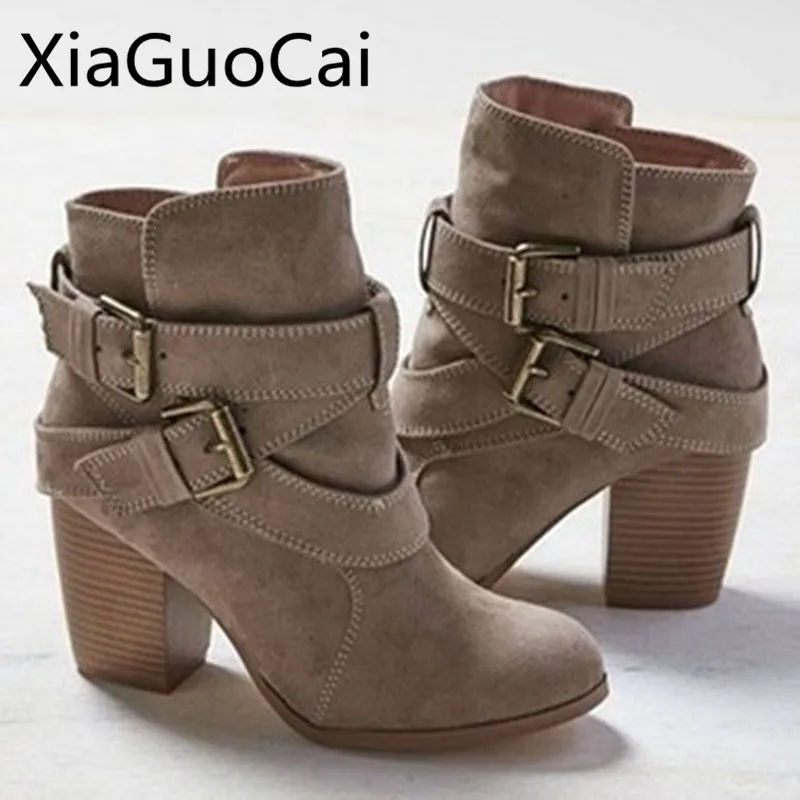 

Europe Style Vintage Women High Heels Ankle Boots Buckle Rubber Casual Ladies Shoes Martin Boots Female Chelsea Boots