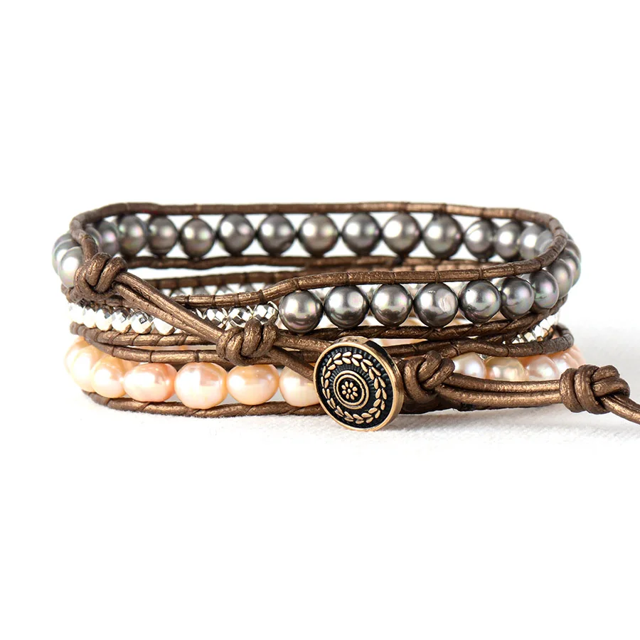 Women Wrap Bracelets Freshwater Pearl 3 Strands Leather Rope Woven Bracelet Statement Mother's Day Gifts Jewelry | Украшения и