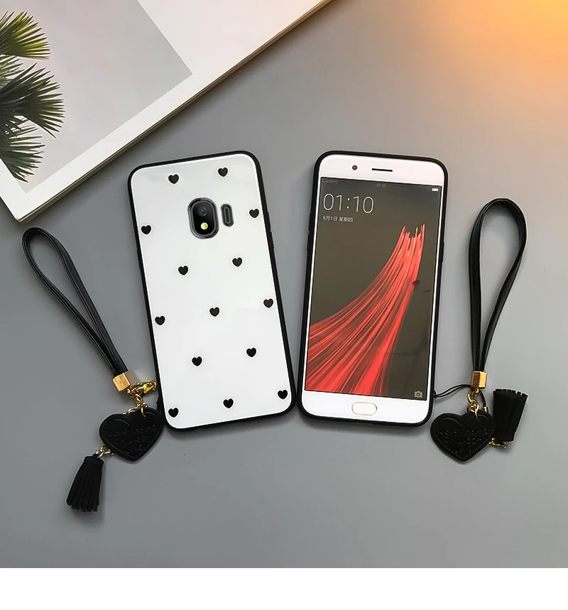 Для samsung Galaxy J4 J6 чехол из закаленного стекла с сердечком для samsung J4 J6 Plus Prime EU кисточка ремешок Funda