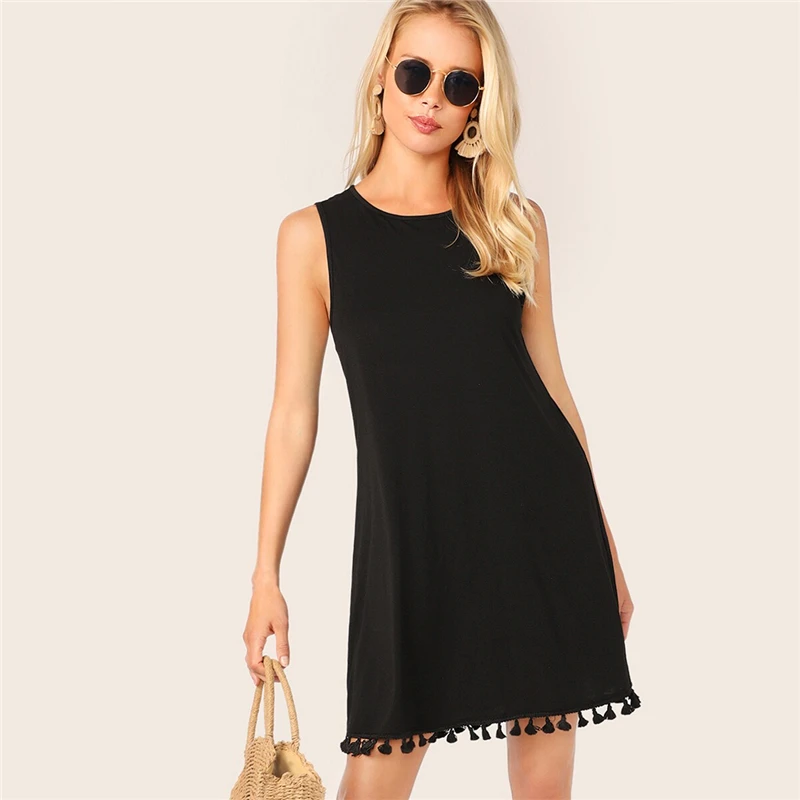SHEIN Платье-туника без рукавов с кисточками, Boho, черное, однотонное, с бахромой, лето, круглый вырез, без рукавов, прямые платья