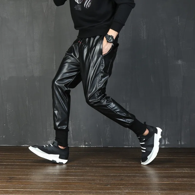 

Korean Mens Motorcycle Patchwork Faux Leather Harem Pants Drawstring Elastic Waist Plus Size Male Jogging Trousers Streetwear