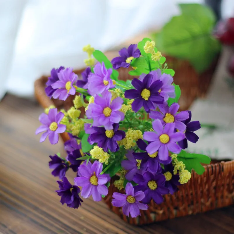 7 branch 1 Bouquet 28 heads cute silk daisy artificial decorative flower wedding flower bouquet home room table decoration - Color: purple A