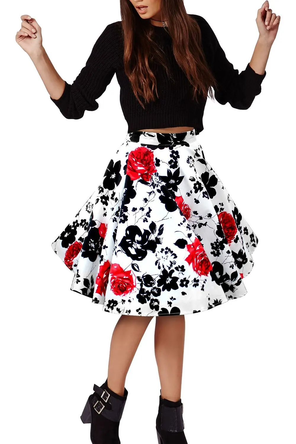 50s Vintage Woman Retro Red Rose Flower Bouquet Floral Print High Waist Midi Skirts Knee-Length Long Saia Feminina Ladies Skirt