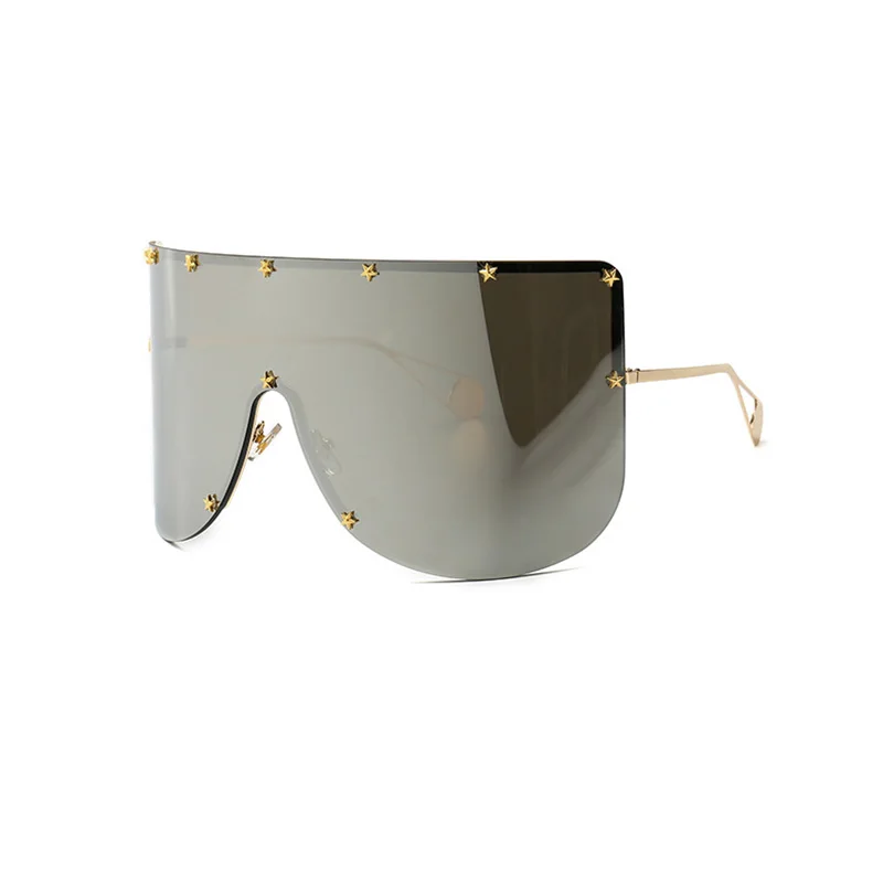 SHAUNA Oversize One Piece Cover men sunglasses steampunk Women Five-Points Star glasses punk Champagne Windproof Shades Men - Цвет линз: Silver Mirror