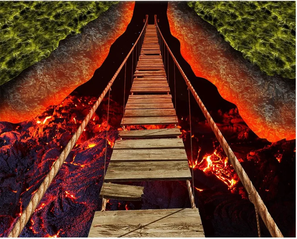 Фото обои для пола стены на заказ 3D стереоскопический мост вулканическая лава