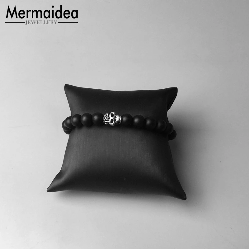 Мужской браслет с черепом 8 мм обсидиана новинка посеребренный Модная бижутерия