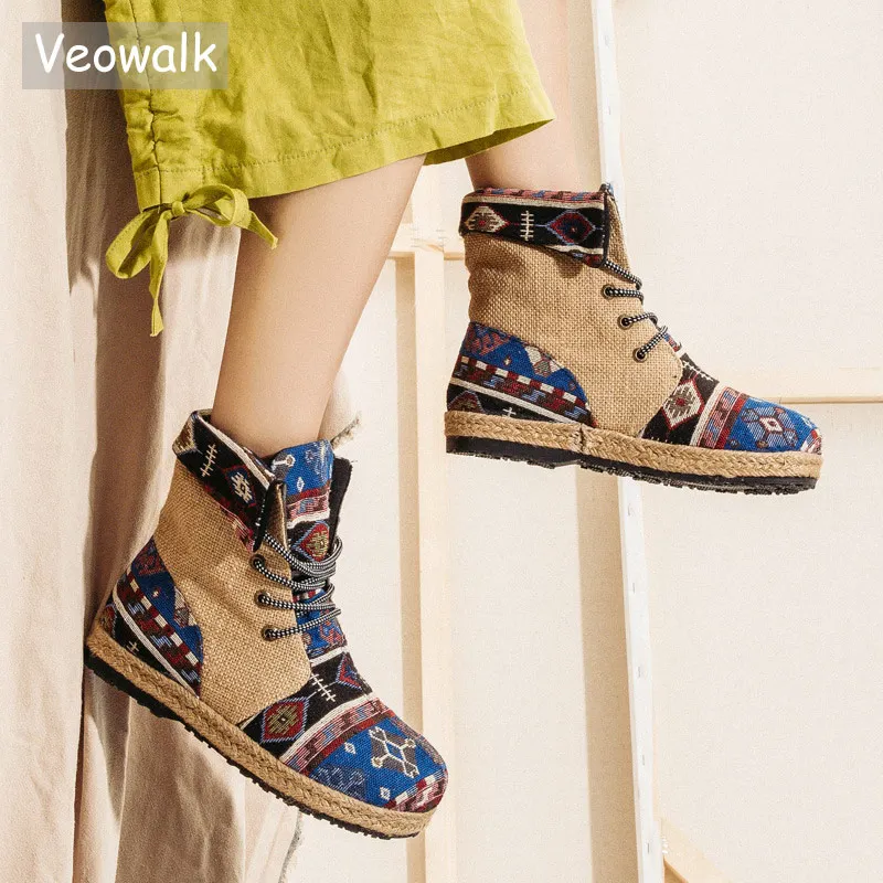 Женские льняные хлопковые ботильоны Veowalk в стиле Харадзюку с вышивкой, удобные женские ботинки на шнуровке, на плоской подошве, эспадрильи, обувь для веганов