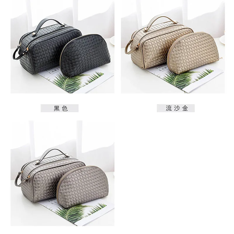 

Pu Leather Cosmetics Bag Women Make Up weave Clutch Woven Knitting purse lady Zipper Pocket Case Organizer Pouch 2 pcs bag set