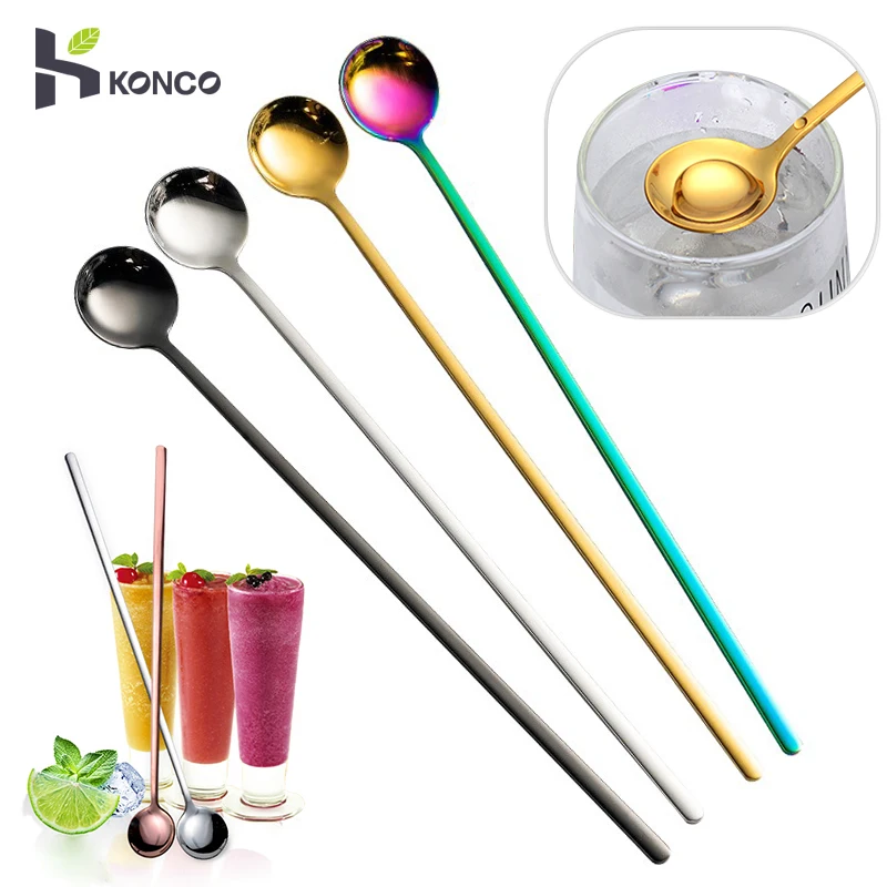 KONCO Ice Tea Spoon Coffee Scoop Mixing Ice Cream Spoon Stainless Steel Cocktail Stirring Bar Accessoriess